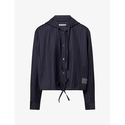 Acne Studios Womens Striped Cropped Wool Shirt Navy Blue