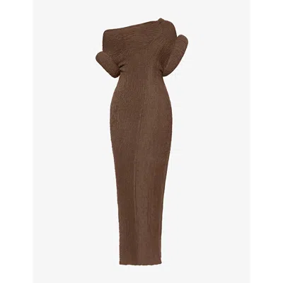 Acne Studios Womens Taupe Grey Asymmetric Padded-shoulders Stretch-chenille Knit Maxi Dress