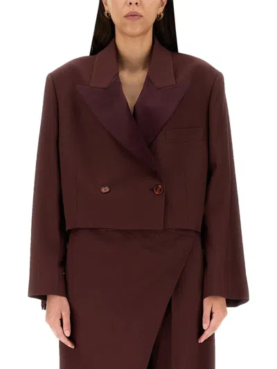 Acne Studios Cropped Brown Wool Blend Jacket With Peaked Lapels In Burgundy