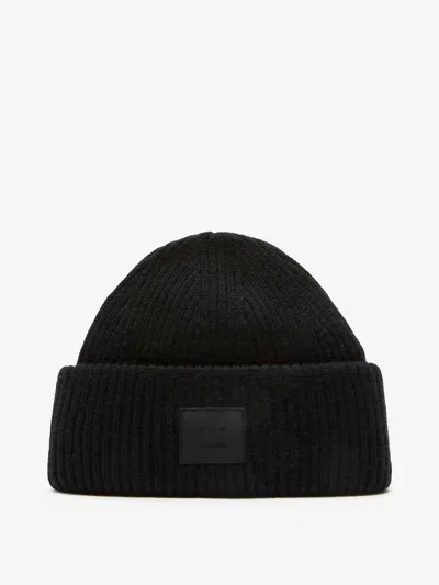 Acne Studios Casual Ribbed Knit Hat With Face Patch In Black