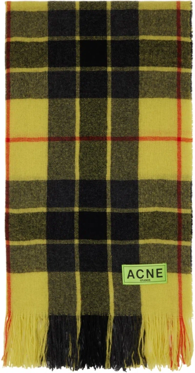 Acne Studios Yellow & Black Check Fringe Scarf In Ane Yellow/black