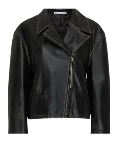 Acne Studios Women Black Biker Jacket In Vintage Looking Leather Woman