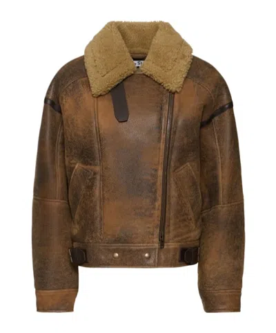 Acne Studios Zippered Leather Jacket In Brown