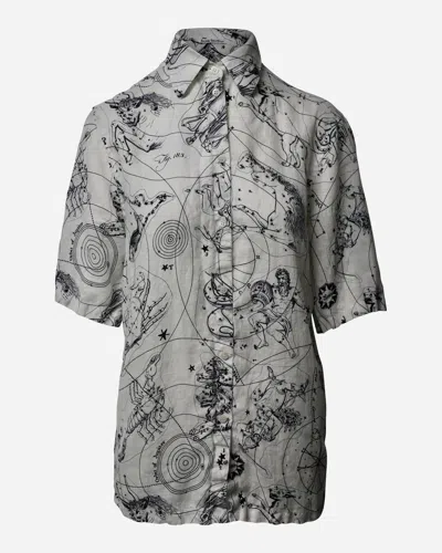 Acne Studios Zodiac Printed Short Sleeve Button Front Shirt In White And Black Linen In Multi