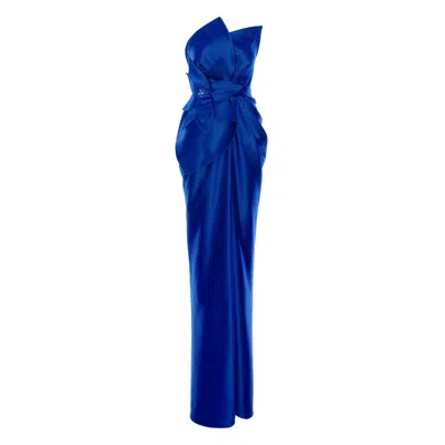 Acob À Porter Women's Blue Iris Satin Dress With Oversized Flower Applique