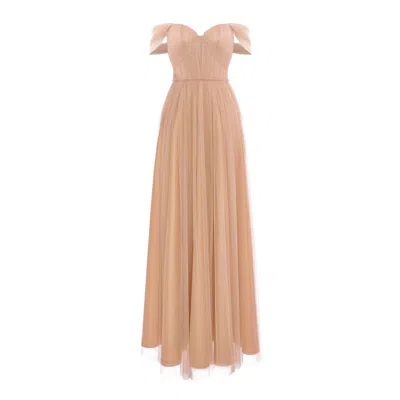 Acob À Porter Women's Neutrals / Gold Monica Beige Long Tulle Dress In Brown