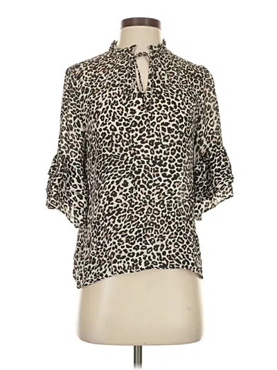 Pre-owned Acrobat 3/4 Sleeve Silk Top Ivory Animal Print Pattern High Neck Tops In White
