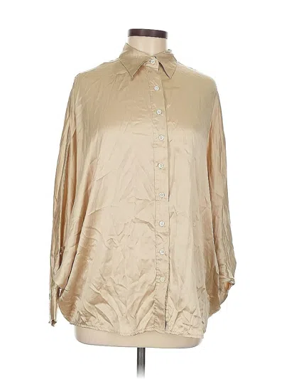 Pre-owned Acrobat 3/4 Sleeve Silk Top Tan Metallic Pattern Mock Neckline Tops In Brown