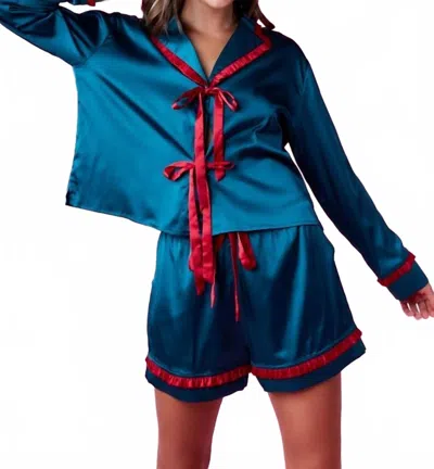 Act Pretty Satin Pajama Set In Teal/ Red In Blue