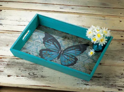 Actifo Blue Butterfly Wood Serving Tray - Blue