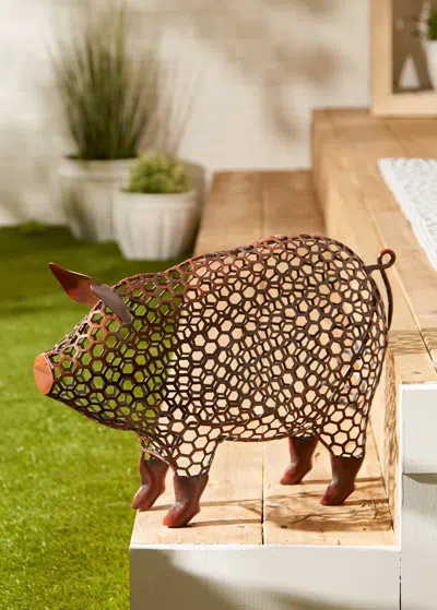 Actifo Open Geometric Frame Metal Pig Sculpture - Multicolor In Brown