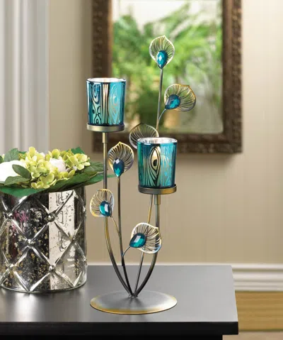 Actifo Peacock Feathers Candle Holder - Multicolor In Blue