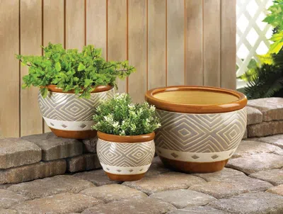 Actifo Tan Ceramic Diamond Pattern Planter Set - Multicolor In Brown