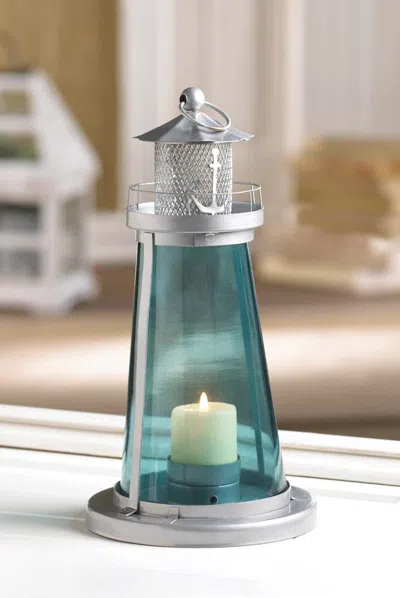 Actifo Tinted Glass Lighthouse Candle Lantern - Silver In Blue