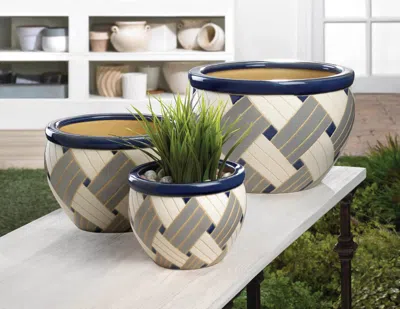 Actifo Woven Design Ceramic Planter Set - Blue
