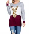 Acting Pro Christmas Reindeer Sequin Long Sleeve Top In Burgundy In White