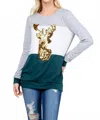 Acting Pro Plus Christmas Reindeer Sequin Long Sleeve Top In Hunter Green In Multi