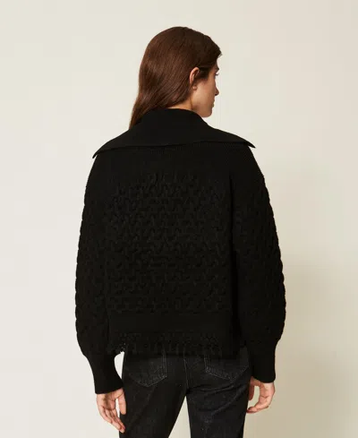 Actitude By Twinset Cable Knit And Crochet Jumper In Nero