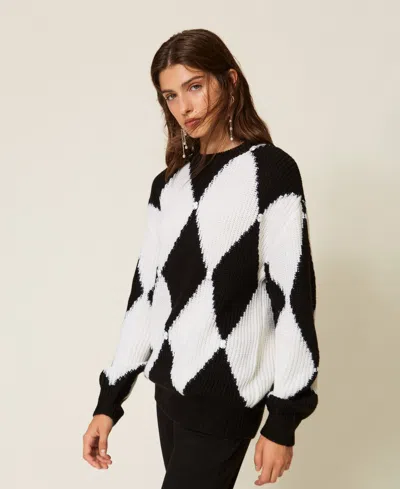Actitude By Twinset Diamond Pattern Wool Blend Jumper With Embroidery In Bicolor Nero / Bianco "neve"