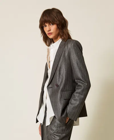 Actitude By Twinset Double-breasted Pinstriped Blazer In Coated Anthracite
