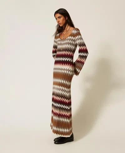 Actitude By Twinset Dual-use Long Jacquard Knit Dress In Toffee/"rhubarb" Red Jacquard
