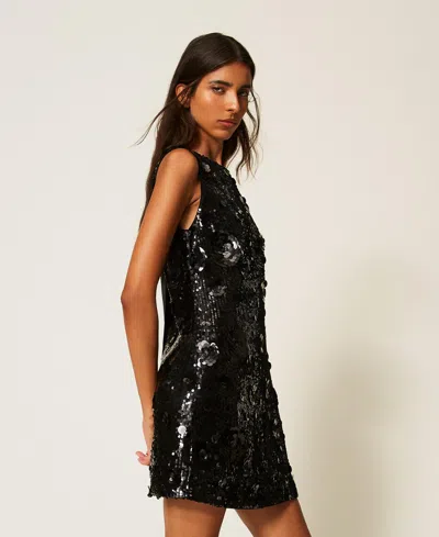 Actitude By Twinset Full Sequin Long Dress With Flowers In Black