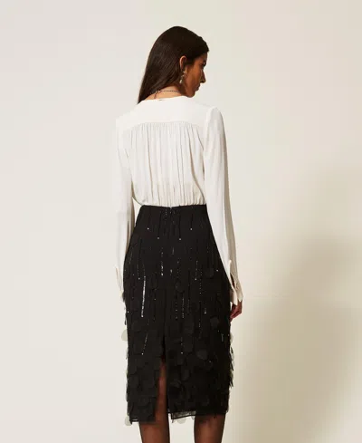 Actitude By Twinset Georgette Midi Skirt With Embroidery In Black