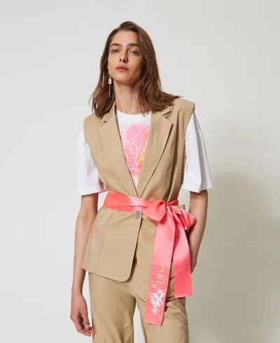 Actitude By Twinset Gilet Myfo Avec Broderies Et Ceinture In Brown
