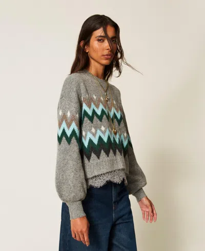 Actitude By Twinset Jacquard Jumper With Lace In Mid Grey Melange/emerald Jacquard