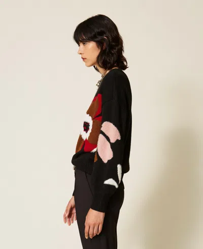 Actitude By Twinset Jumper With Inlaid Flower In Black Flower/cherry Inlay