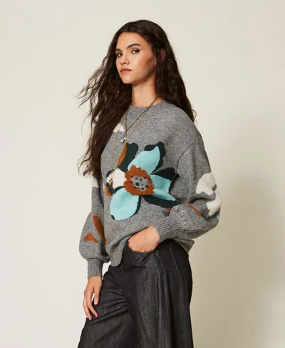 Actitude By Twinset Jumper With Inlaid Flower In Two-tone Mid Grey Melange/emerald