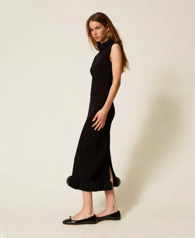 Actitude By Twinset Jupe Mi-longue En Maille Et Organza In Black