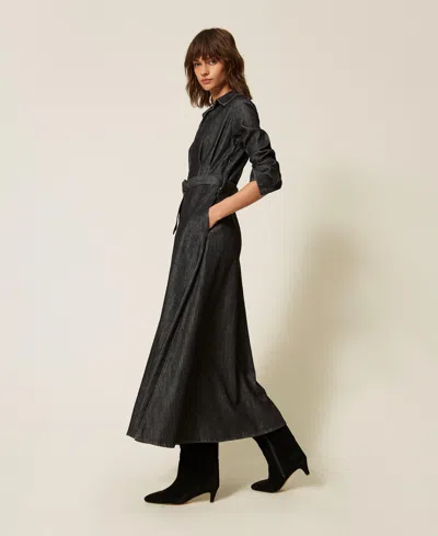 Actitude By Twinset Long Flowing Denim Dress In Black Denim