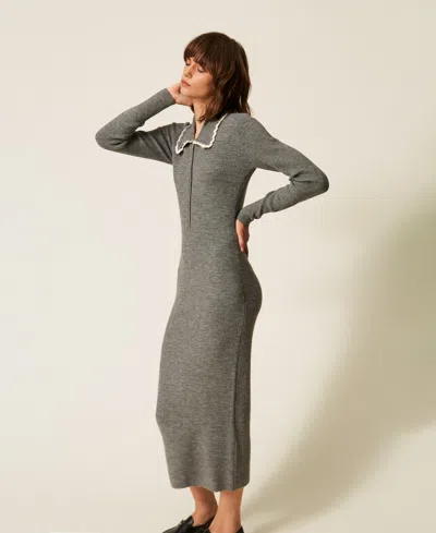 Actitude By Twinset Long Knit Dress With Crochet Collar In Mid Grey Melange
