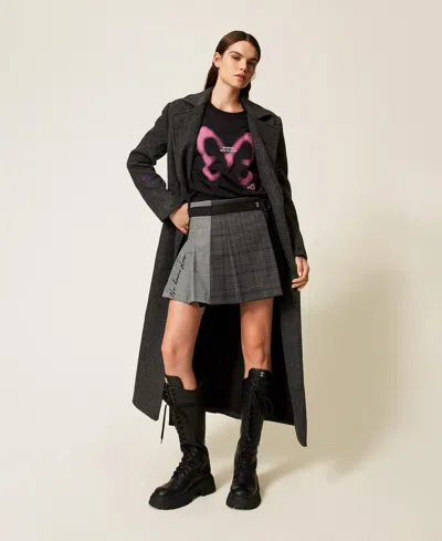 Actitude By Twinset Manteau Long Myfo En Drap À Carreaux In Gray