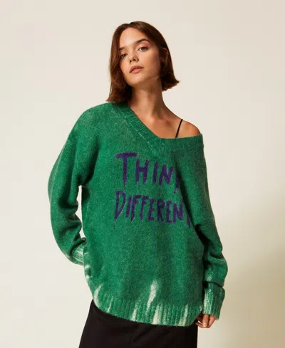 Actitude By Twinset Maxi Pull Myfo En Laine Mélangée Avec Imprimé In Green
