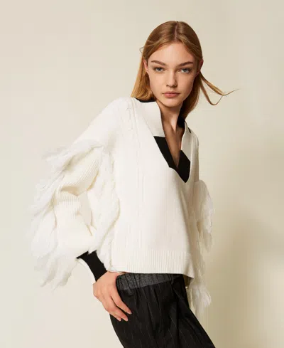 Actitude By Twinset Pull Myfo Avec Franges Et Torsades In White