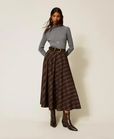 Actitude By Twinset Myfo Long Check Flannel Skirt In Black Chocolate Check