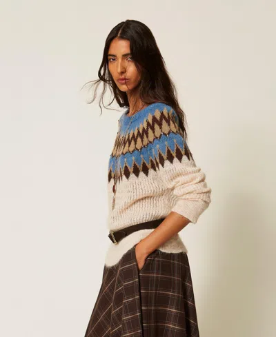 Actitude By Twinset Myfo Mohair Blend Jacquard Jumper In Arizona Blue Multicolour Jacquard