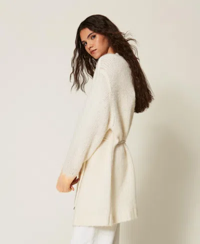 Actitude By Twinset Myfo Two-tone Wool Blend Cardigan In White Snow