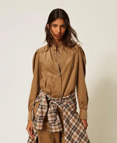 Actitude By Twinset Myfo Velvet Shirt In “oak” Beige