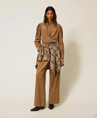Actitude By Twinset Myfo Velvet Trousers In “oak” Beige