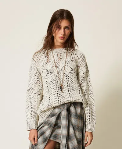 Actitude By Twinset Myfo Wool Blend Jumper With Embroidery In Bicolor Bianco "neve" / Black Chocolate