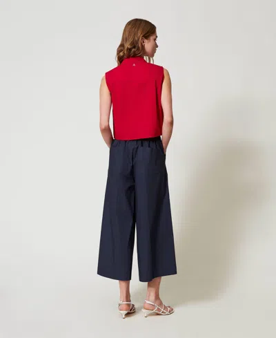 Actitude By Twinset Pantalon Cropped En Popeline Avec Plis In Blue