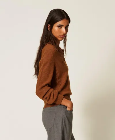 Actitude By Twinset Polo Collar Jumper With Embroidery In Toffee Beige