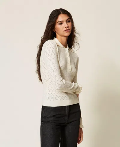 Actitude By Twinset Polo Collar Jumper With Ruffles In White Snow