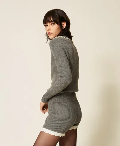 Actitude By Twinset Polo Shirt With Crochet Collar In Mid Grey Melange