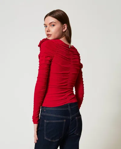 Actitude By Twinset Pull Ajusté Avec Fronces Et Fleurs In Red