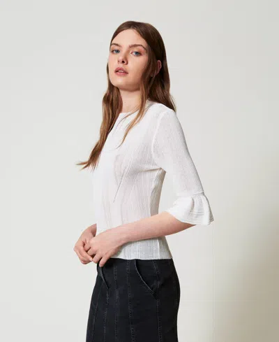 Actitude By Twinset Pull Côtelé Ajusté Avec Volant In White