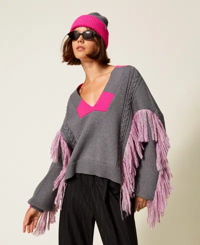Actitude By Twinset Pull Myfo Avec Franges Et Torsades In Gray